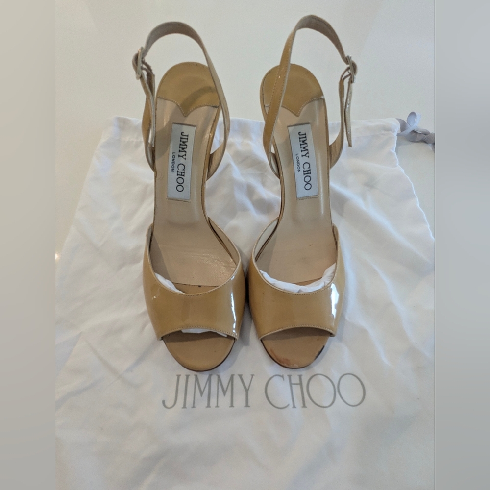 Jimmy Choo Beige Patent Leather Open-Toe Heels